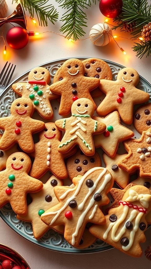 A platter of assorted Christmas cookies including gingerbread and decorated sugar cookies, surrounded by holiday decorations.